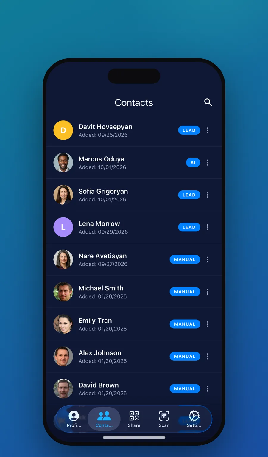 The Mibio app: the contacts list