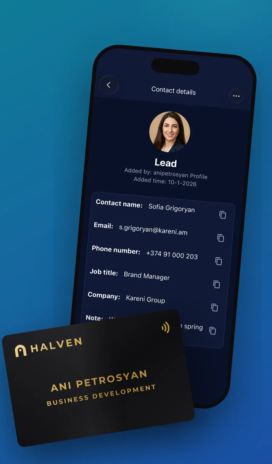 The Mibio app: a new lead's details