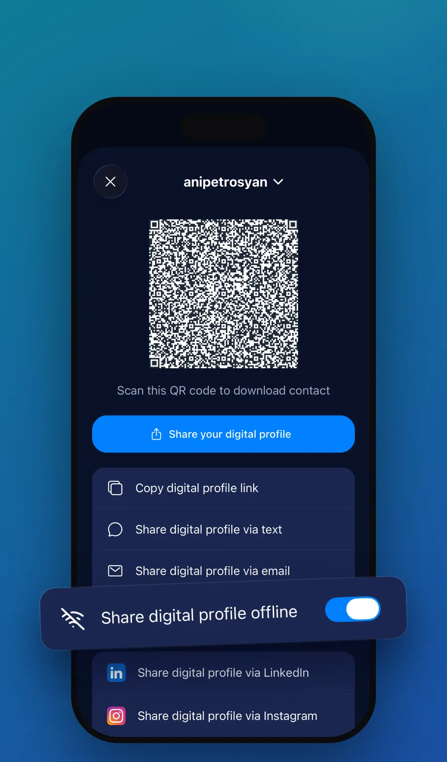 The Mibio app: sharing a profile offline by QR code