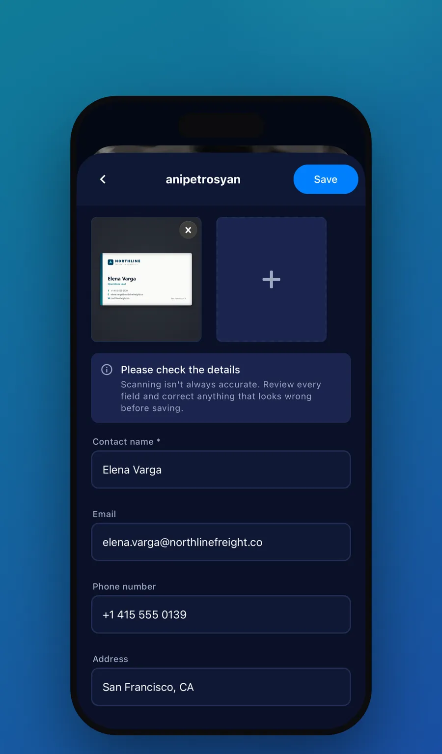 The Mibio app: scanning a paper business card