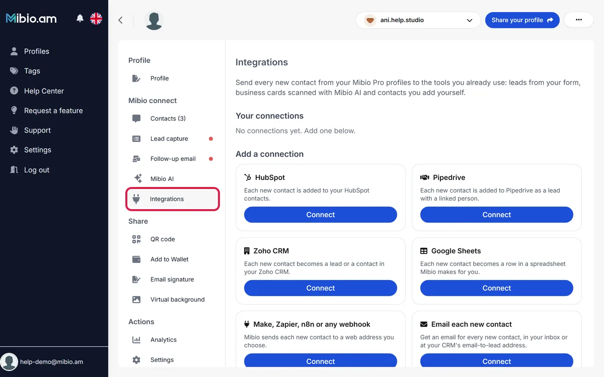The Integrations page on mibio.bio: the tools you can connect, each with a Connect button. Integrations is highlighted in the menu on the left.