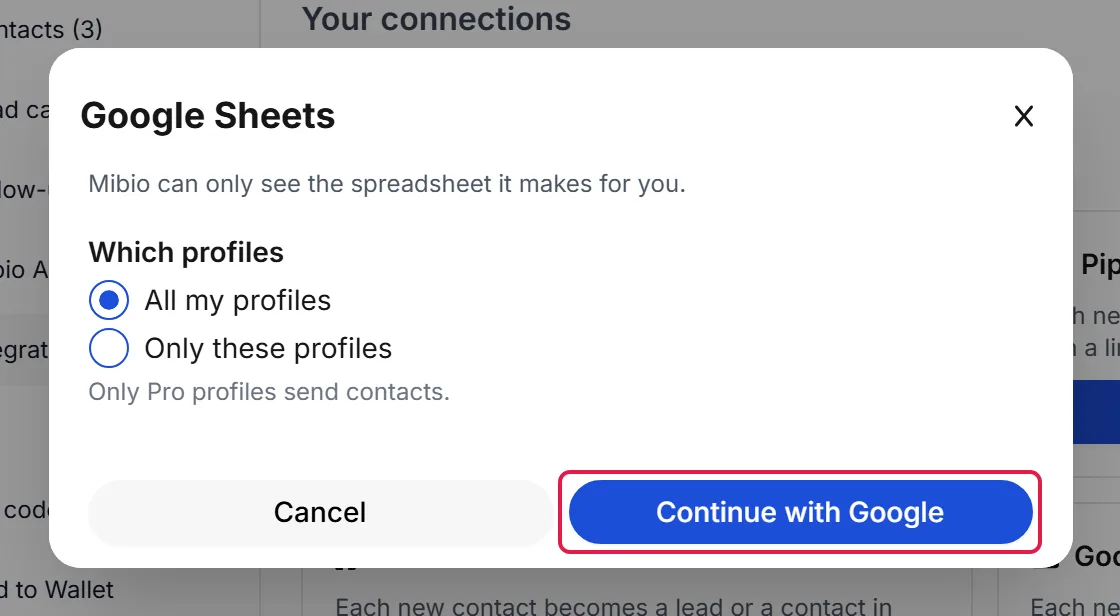 The window that opens after clicking Connect on Google Sheets: choose the profiles, then click Continue with Google.