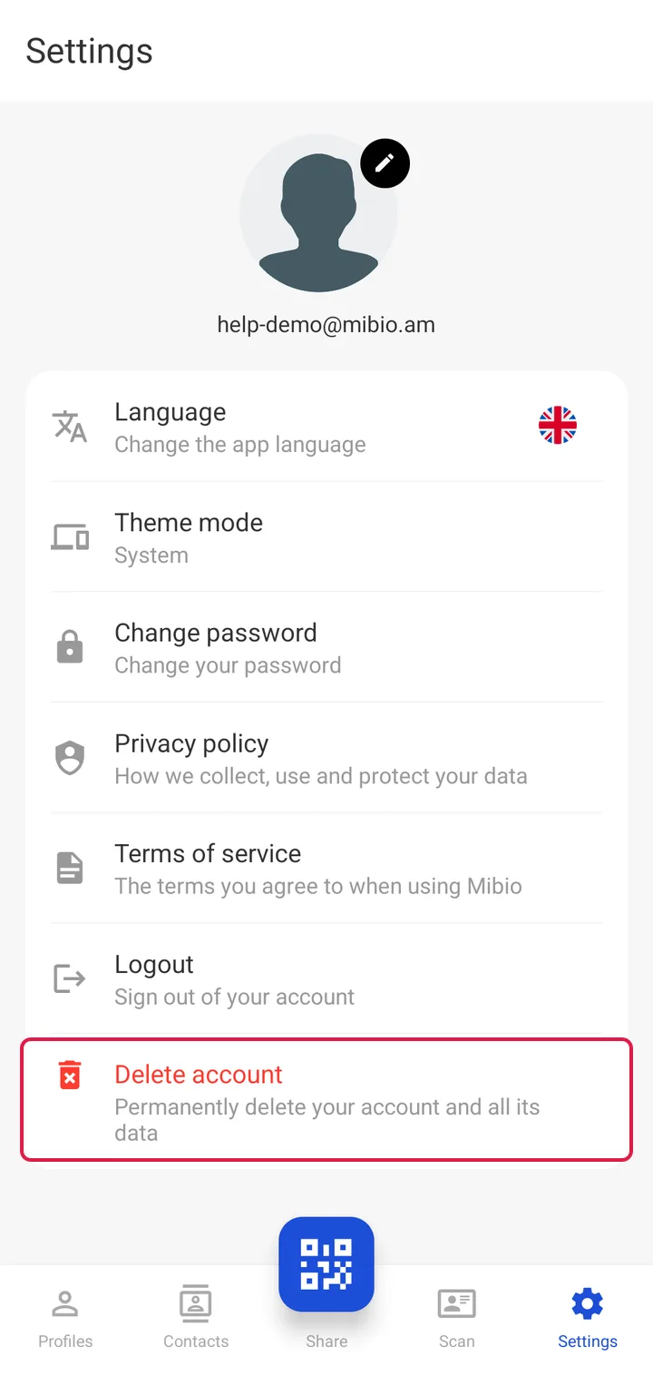 The Settings tab in the Mibio app, with Delete account at the bottom.