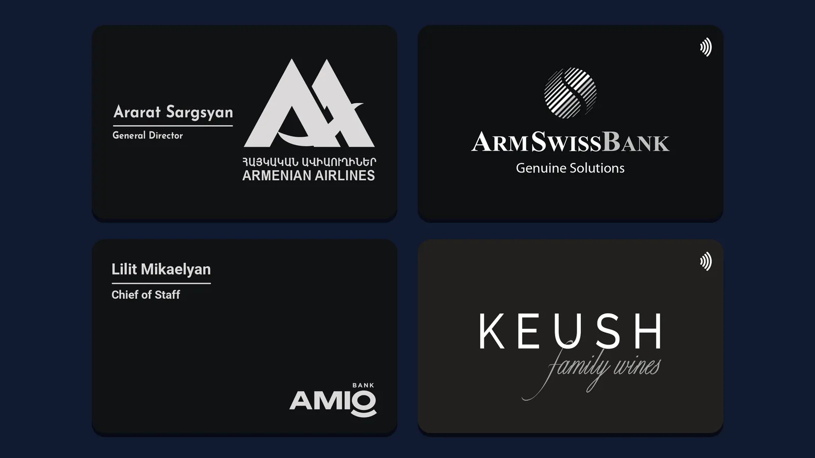 Mibio cards designed for Armenian Airlines, ArmSwissBank, AMIO Bank and Keush