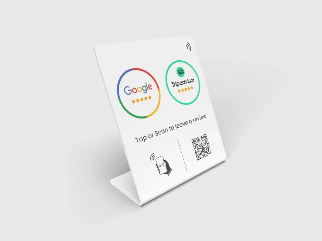A white Mibio Hub stand with review logos, an NFC symbol and a QR code