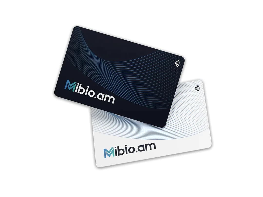 Two Mibio Cards in Mibio's design, one black and one white