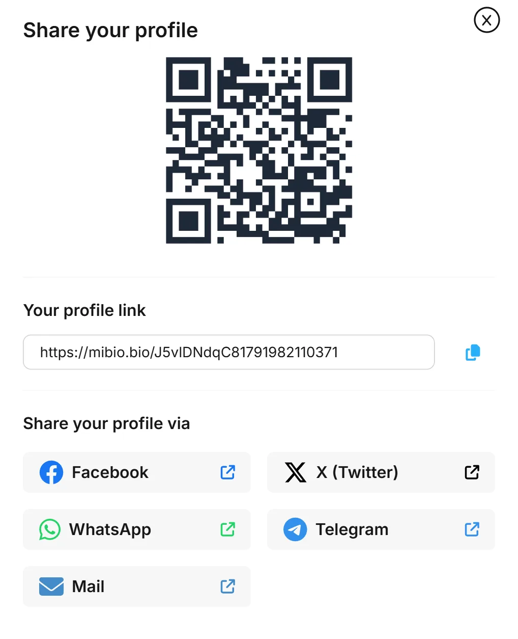 The Share your profile window on mibio.bio: the QR code, the profile link with a copy button, and buttons to share it.