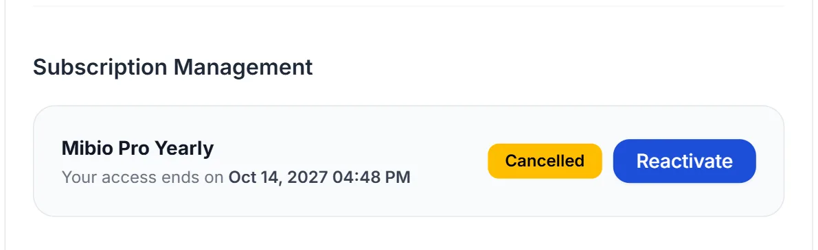 Страница Settings профиля после отмены: в Subscription Management указано Cancelled и дата окончания Pro.